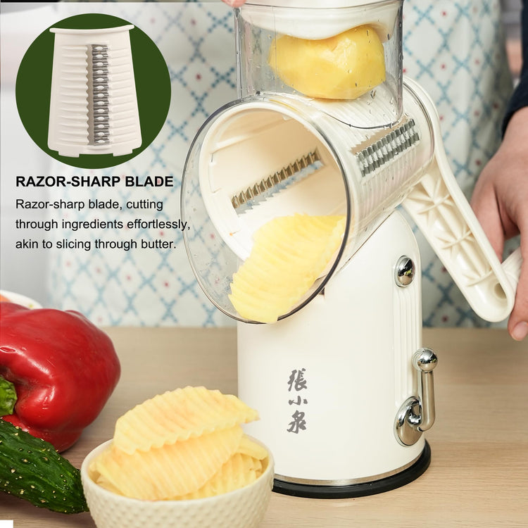 Rotary Cheese Grater Manual Hand Crank with 5 Blades & Suction Base