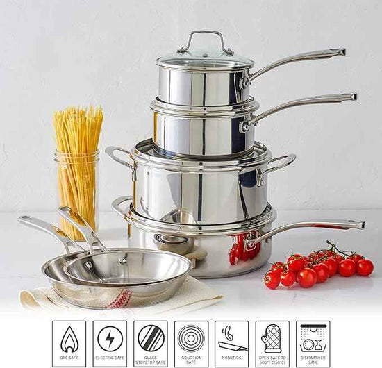 Martha Stewart Castelle 10 Piece 18/8 Durable Stainless Steel Induction Safe Non-Toxic Triply Bottom Kitchen Pots and Pans Cookware Set - Dishwasher Safe