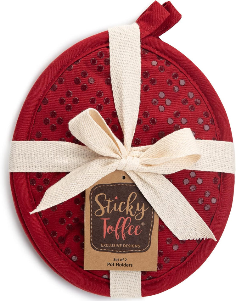 Sticky Toffee Silicone Pot Holders Set of 2, Red, Heat Resistant to 500°F, Non-Slip Oven Hot Pads with Oeko-Tex Cotton Shell, 7 x 9 in