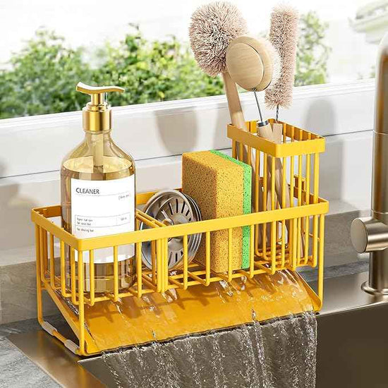 Cisily Yellow Sink Caddy Organzier with High Brush Holder, Sponge Holder for Sink, 304 Rustproof Stainless, Kitchen Countertop Soap Dispenser Organizer,Yellow Kitchen Decor and Accessories