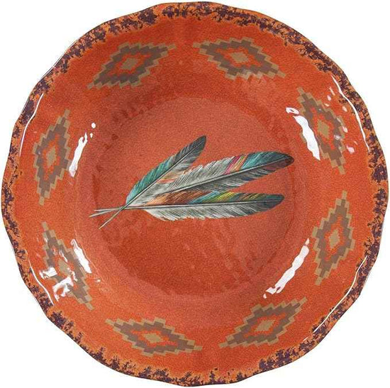 Paseo Road Tossed Feather 14 Piece Melamine Plastic Western Dinnerware Set, Orange Tan Brown Teal Aztec Tribal Print, Southwestern Rustic Dish Set with Plates, Bowls, Serving Dish