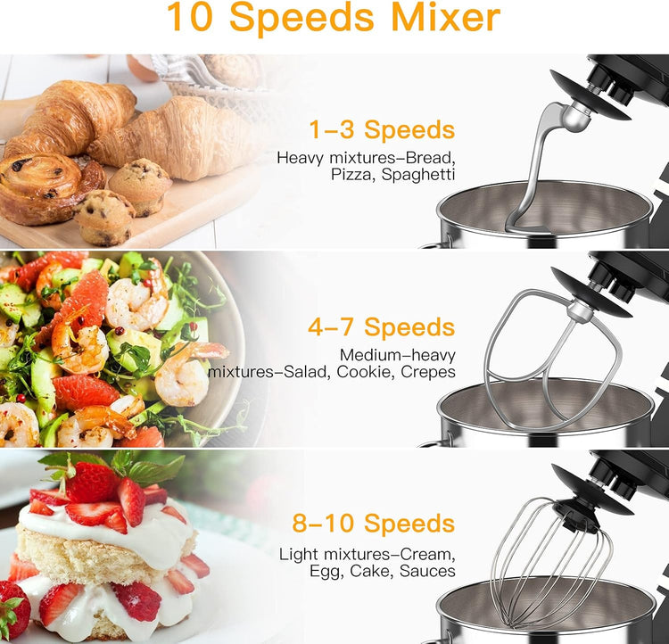 Garvee 7.5QT Stand Food Mixer, 10-Speed Tilt Head 3-IN-1 Kitchen Electric Mixer with Stainless Steel Bowl, Egg Whisk, Dough Hook, Beater, Splash Guard, Compact Dough Mixer for Home Cooks, Black