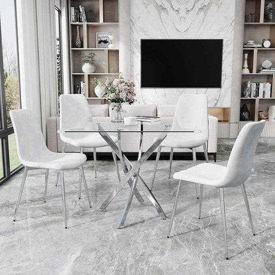 36" Square Glass Dining Table Set for 4, 5-Piece Modern Kitchen Table with 4 White Velvet Chairs, Modern Circle Leisure Table for Home Office Dining Room Small Spaces (Silver Leg)