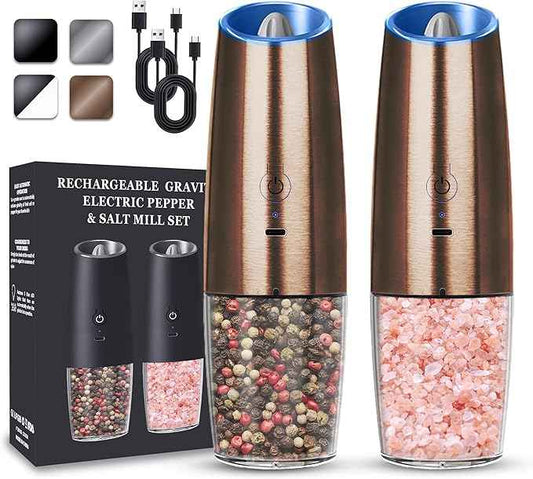 Rechargeable Electric Salt and Pepper Grinder set of 2, gravity electric salt and pepper grinder set, Adjustable Roughness, LED Light, 2 Pack, (Copper)