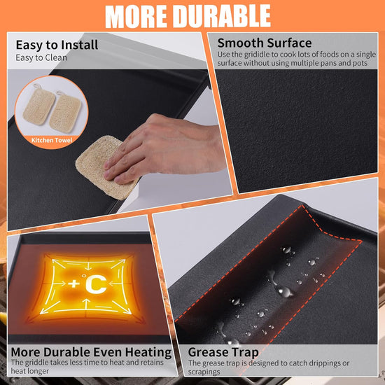 Upgraded Cast Iron WB31X24738 Griddle Replacement for GE Stove – Center Griddle Pan WB31X24998, 19.5"x9.5" Cooktop Griddle Plate, 2pcs Luffa Sponge, Nonstick Flat Top - Nestoria