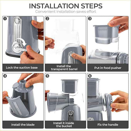 SUSTEAS Rotary Cheese Grater with Handle - Vegetable Shredder with 5 Well-designed Blades & Strong Suction Base,Round Mandoline Slicer & Food Chopper for Kitchen,with Blade Storage Box(Gray)