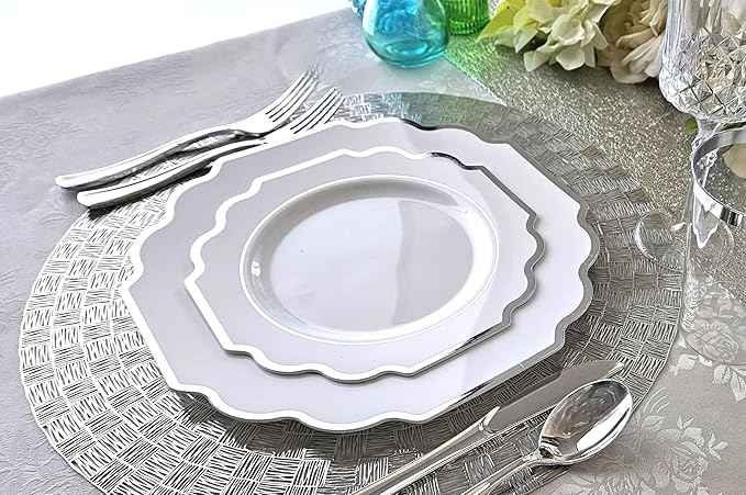 " OCCASIONS " 640 Piece set (80 Guests)-Heavyweight Wedding Party Disposable Plastic Plate Set - 80 x 10.5'' + 80 x 8'' + Silverware + 12oz Cups + Napkins (Imperial in White & Silver Rim)