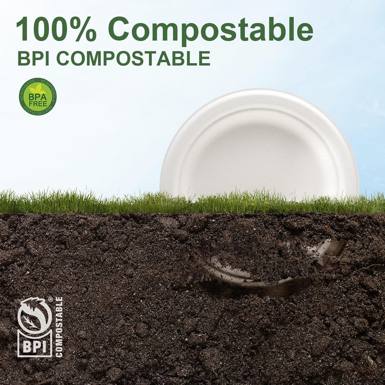 WELLIFE 100% Compostable Paper Plates 7 Inch, 125-Pack Dessert Paper Plates Bulk, Biodegradable Bagasse,Eco-Friendly Disposable Plate Small for BBQ,Picnic,Party (BPI Certified,Microwaveable)