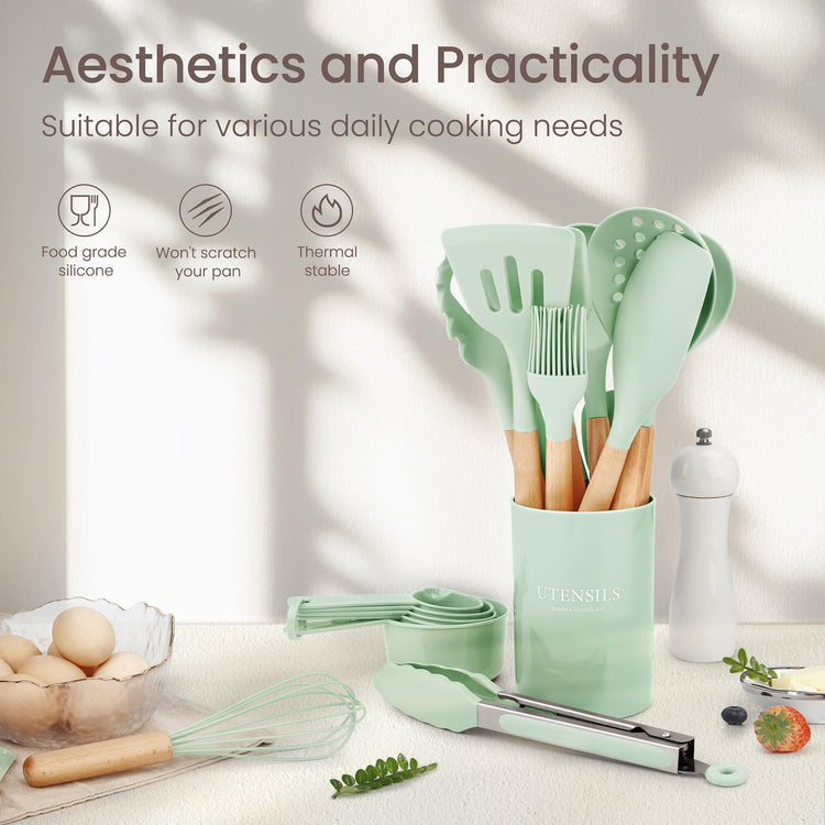 26 Piece Food Grade Silicone Kitchen Utensils Set with Wooden Handles (26 Count)