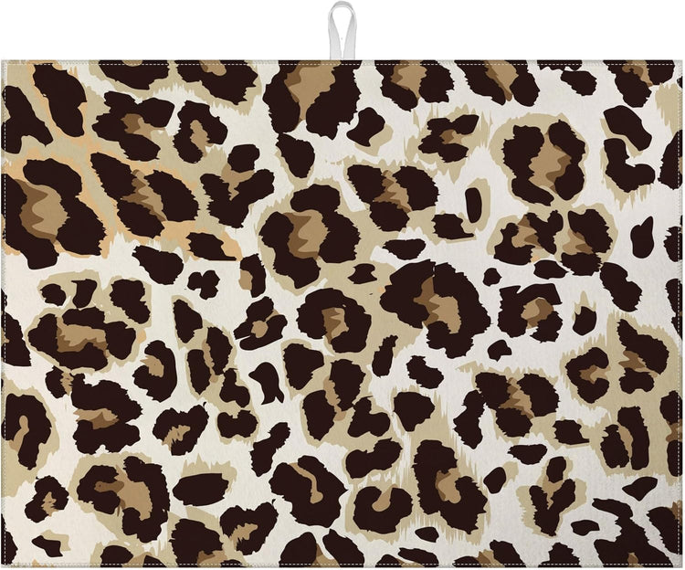 Brown Leopard Dish Drying Mat for Kitchen Counter Microfiber Absorbent Dish Kitchen Drying Mat Draining Reusable Washable for Dishes/Utensils/Counterto