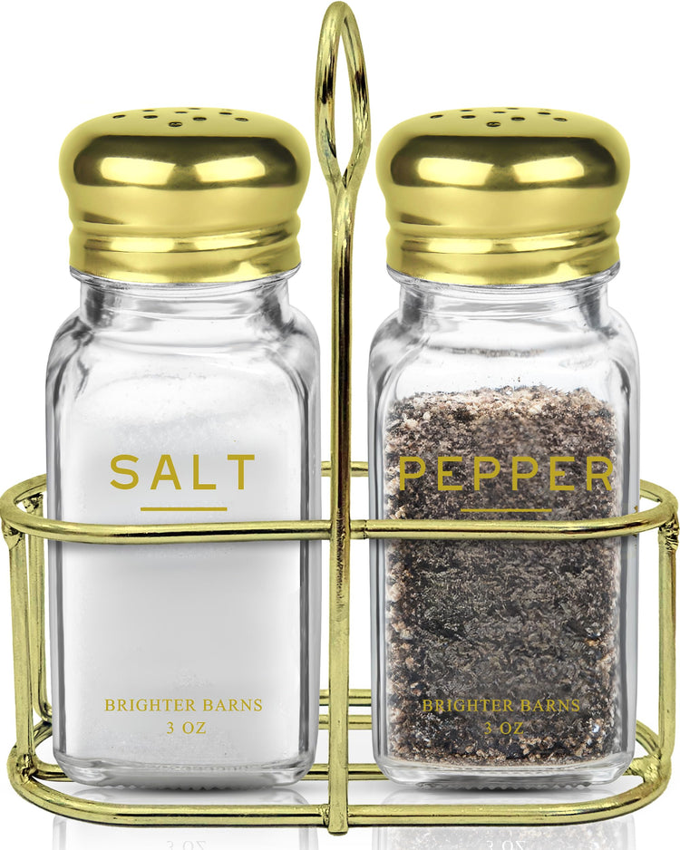 Gold Salt and Pepper Shakers Set with Holder by Brighter Barns