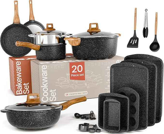 Bakken Master 20 Piece Cookware Set - Pots and Pans with Handle Grips and Tempered Glass Lids, With 6-piece Bakeware Set, Nonstick Granite Coating, Ceramic Max Temperature (Up To 500°F), Marble Color
