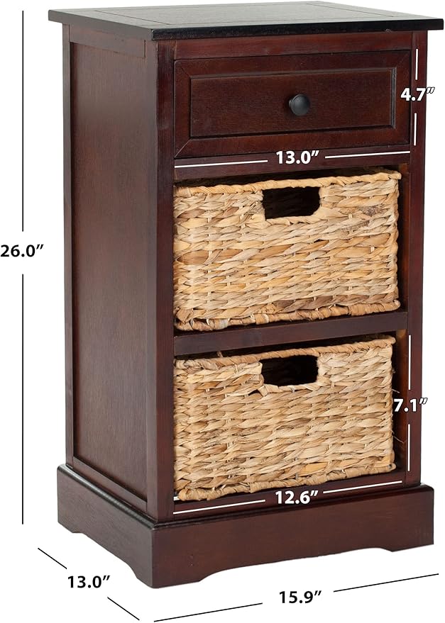 SAFAVIEH Home Collection Carrie Dark Cherry / Natural Wicker 3-Drawer Storage Nightstand Side Table (Fully Assembled)