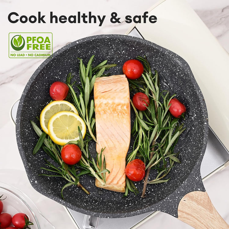 JEETEE Nonstick Frying Pans Skillet with Lid, 12.5" Granite Non-Stick Frying pan, Aluminum Pans with Bakelite Handle, Compatible with All Stovetops (Gas, Electric & Induction), Grey