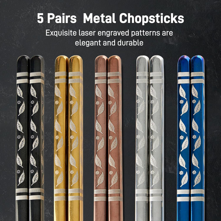 Metal Chopsticks Reusable 5 Pairs Stainless Steel Chopsticks Japanese Chinese Korean Metal Chop Sticks Dishwasher Safe Non Slip Cute Laser Engraved 9.25 Inch for Cooking Eating Gift Set