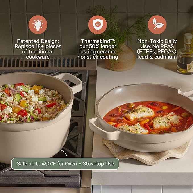 Our Place Cookware Duo | 7-Piece Ceramic Cookware Set with 10.5" Always Pan 2.0, 5.5 Qt Perfect Pot & Strainer Basket | Induction & Oven Safe up to 450°F | Nonstick, Non-Toxic Cookware | Steam