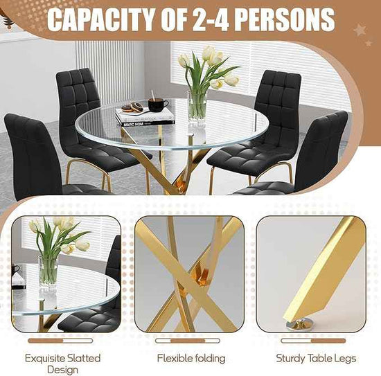5 Piece Round Glass Dining Table Set, Round Tempered Glass Kitchen Table Set for 4, Modern Table Set with 4 High-Back Upholstered Chairs for Kitchen Dining Room (Gold Legs, 4 Black Chairs)