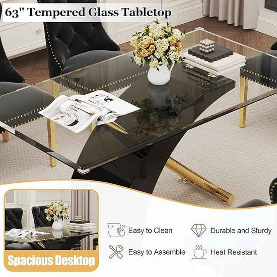 7 Piece Glass Dining Table Set for 6, 63" Modern Kitchen Table with 6 Black Velvet Chairs, Tempered Glass Tabletop with Black X-Shaped MDF Base, Modern Dining Room Set for Kitchen and Dining Room