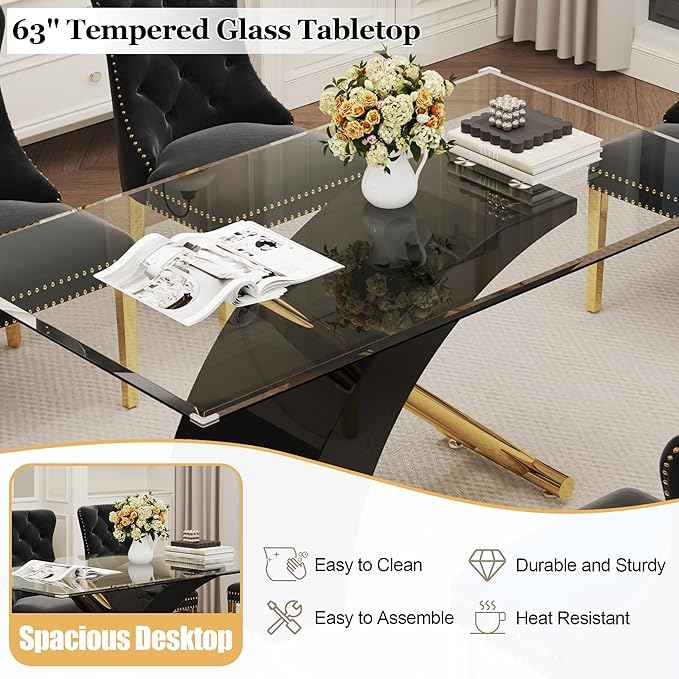 7 Piece Glass Dining Table Set for 6, 63" Modern Kitchen Table with 6 Black Velvet Chairs, Tempered Glass Tabletop with Black X-Shaped MDF Base, Modern Dining Room Set for Kitchen and Dining Room
