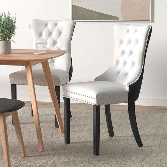 Dining Room Chairs Set of 4, Upholstered Dining Chairs with Back Ring Pull Trim and Solid Wood Legs, Modern Tufted Kitchen Chairs for Dining Room, White Pu Leather Splicing Black Velvet