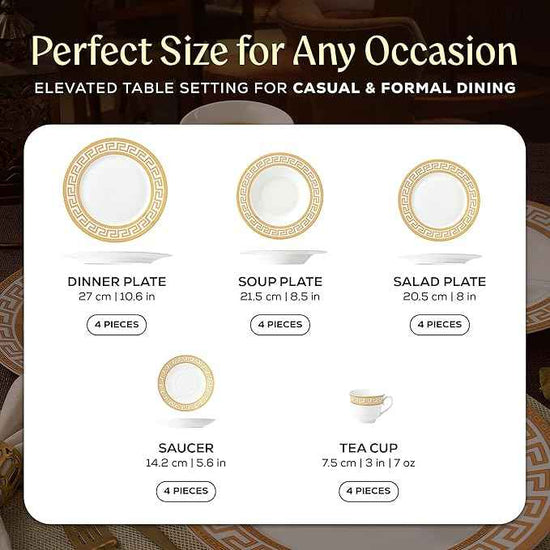 Joseph Sedgh Collection 20-Piece Bone China Dinnerware Set, Service for 4, White and Golden Greek Key