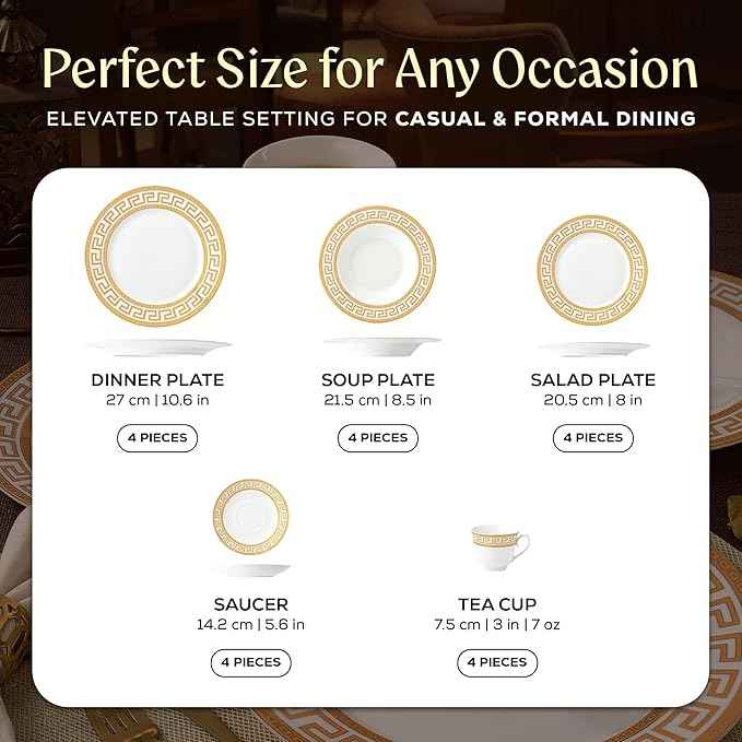 Joseph Sedgh Collection 20-Piece Bone China Dinnerware Set, Service for 4, White and Golden Greek Key