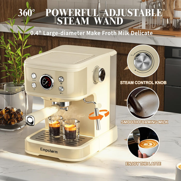 04E 20 Bar Espresso Machine with Milk Frother Steam 1100W Cream white
