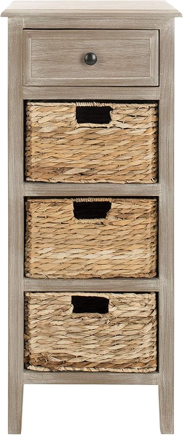 SAFAVIEH Home Collection – Michaela White Washed Storage Unit with Woven Basket Drawers, British Colonial Farmhouse Accent Storage, Fully Assembled (AMH5744E)