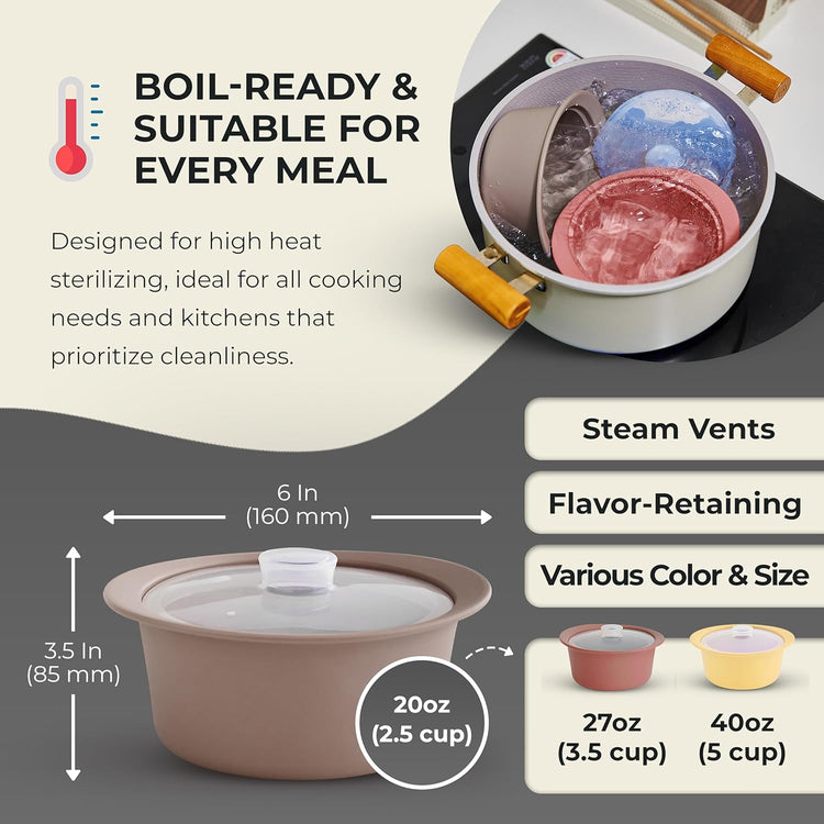 20oz Platinum Silicone Microwave Steamer Pot with Handle & Lid - Korea 100% Food-Grade Steamer Bowl, Heat-Resistant Cooker with Steam Holes, Easy Clean, Dishwasher Safe, Taupe Brown