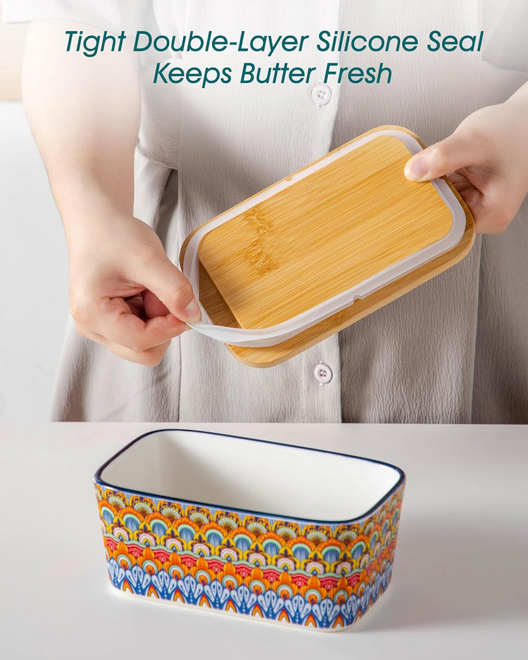 vancasso SIMI Butter Dish with Lid, 6.5" Large Butter Dish for Countertop, Bohemian Ceramic Butter Keeper Container with Knife and Bamboo Lid, Butter Holder for Counter, Regal Bloom
