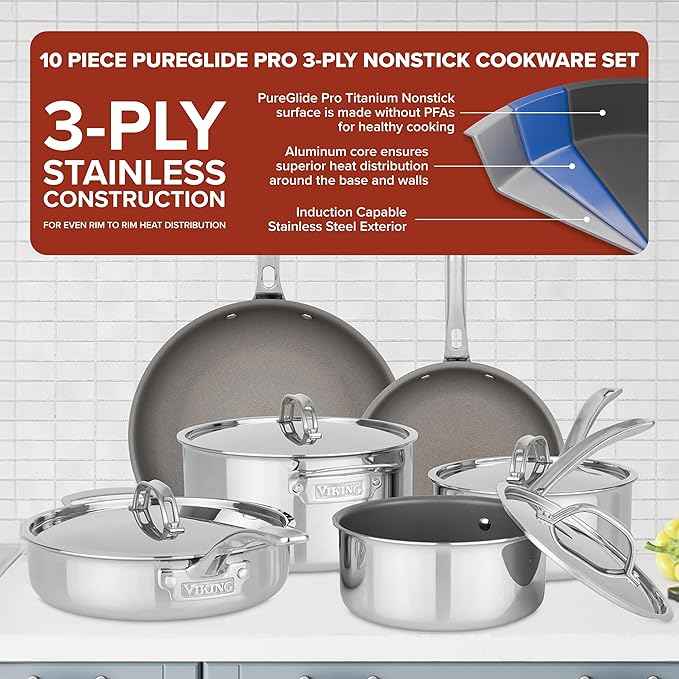 Viking PureGlide Pro 3-Ply Nonstick Cookware Set, Made without PFAS, 10-Piece Induction Pots and Pans Set, Metal Utensil Safe Titanium Nonstick Surface, Oven Safe to 600F