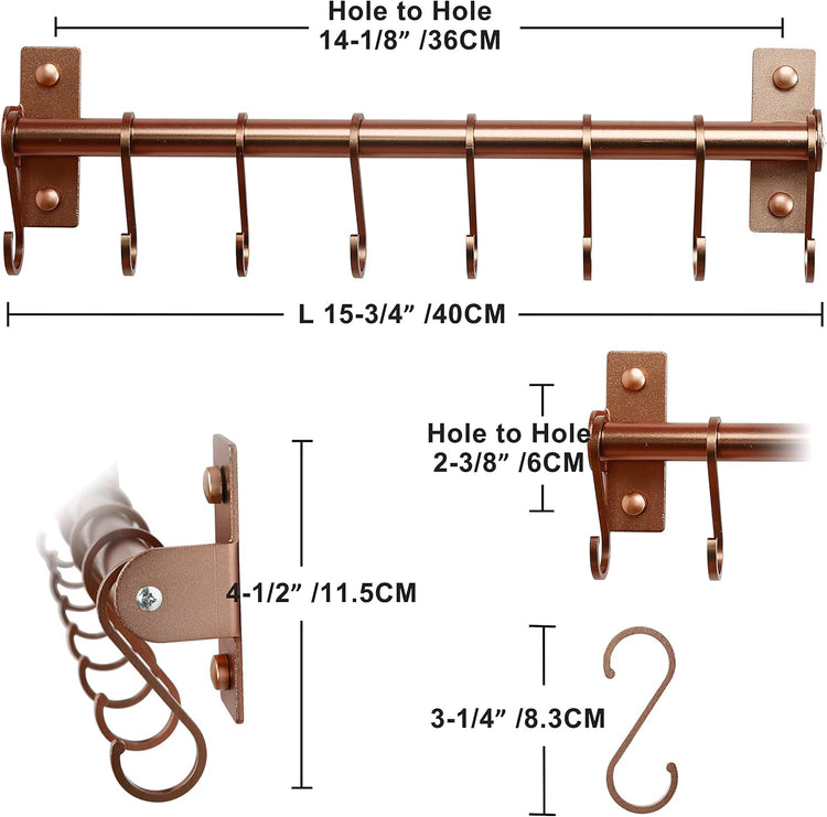 Dseap Kitchen Utensil Holder Hanger, Pot and Pan Rack Wall Mounted, Kitchen Rail with 8 Hooks for Hanging Cooking Utensils, Mugs, Spoons, Wall Mounted, Rose Gold, Pack of 2
