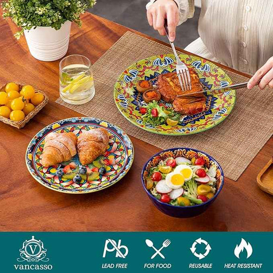 vancasso 18 Pieces Plates and Bowls Set, Bohemian Style Dinnerware Sets Service for 6, Porcelain Boho Dishes Set for Kitchen, Housewaring Gift, Dishwasher and Microwave Safe, Series KRVI