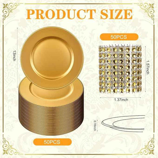 100 Pcs Gold Charger Plates with Napkin Rings Set Include 50 Gold Beaded Charger Plates 50 Napkin Rings, 13 Inch Plastic Round Chargers for Dinner, Wedding, Birthday, Party, Banquet, Table Setting