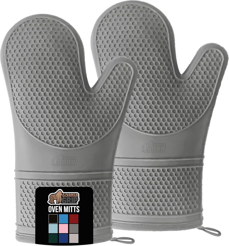 GORILLA GRIP BPA-Free Soft Silicone Oven Mitts, Heat Resistant and Waterproof Cooking Gloves, Thick Cotton Lining, Flexible Gripping for Baking Grilling, Kitchen Potholders Set of 2, 12.5x8.3, Gray