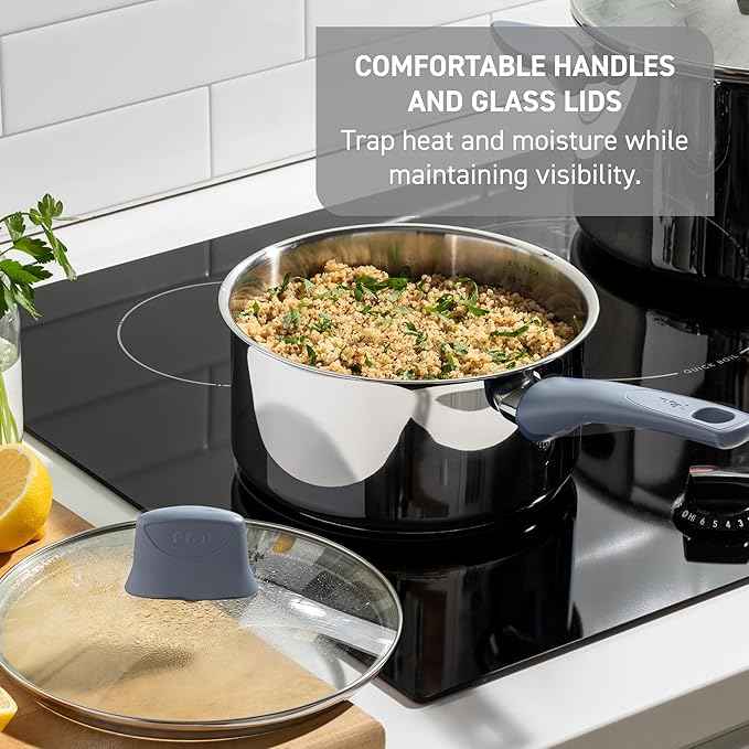 T-fal Essentials Stainless Steel Saute Pan with Lid 3.5 Quart, Induction Compatible, Oven Safe 350F, Perfect For Sautéing, Browning, & Simmering, Saucepan, Measuring Marks, Dishwasher Safe Silver/Blue