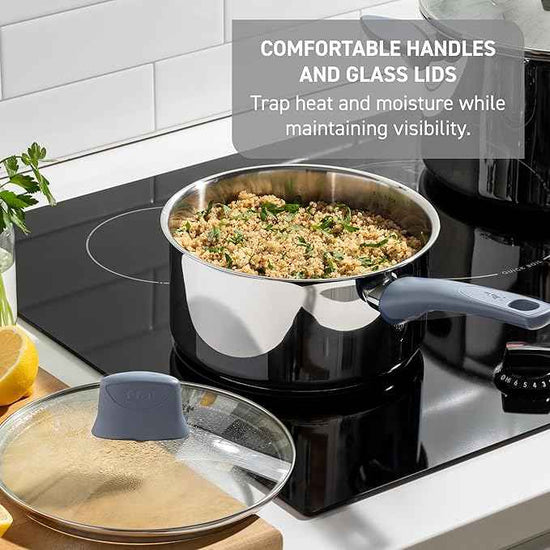 T-fal Essentials Stainless Steel Sauce Pan with Lid 3.2 Quart, All Cooktops Including Induction, Oven Safe 350F, Multipurpose Saucepan, Chef's Classic Pot,Measuring Marks, Dishwasher Safe Silver/Blue
