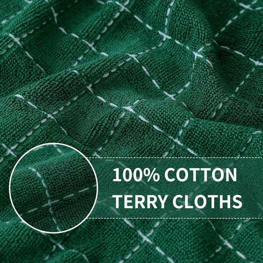 Homaxy 100% Cotton Terry Kitchen Towels(Dark Green, 13 x 28 inches), Checkered Designed, Soft and Super Absorbent Dish Towels, 12 Pack