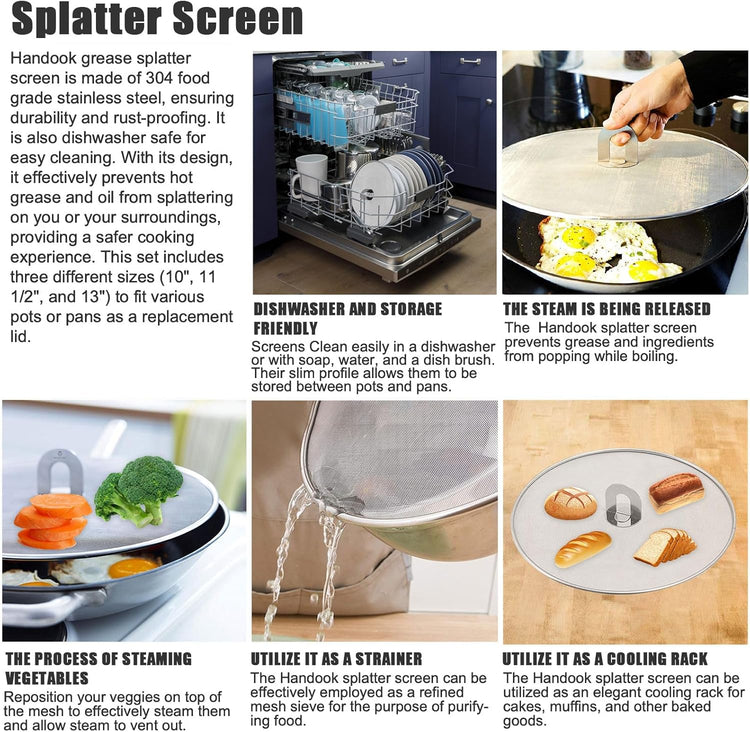 Splatter Screen for Cooking - Stainless Steel Grease Splatter Guard for Frying Pan, No Cooking Oil Mess No Burns, Ultra Fine Mesh Lids Set of 3(10", 11.5", 13")