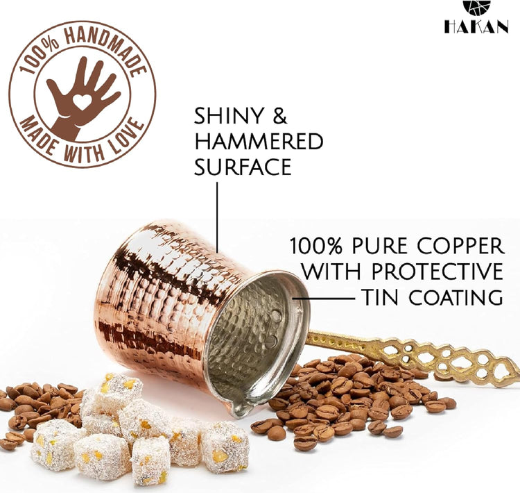 Hakan Turkish Coffee Pot | Stove Top Water Boiler, Coffee Maker, Butter, Chocolate & Milk Warmer | Even and Quick Heat with Handcrafted Copper Material | Coffee Gifts Idea, 6.5 Oz (190 cc)