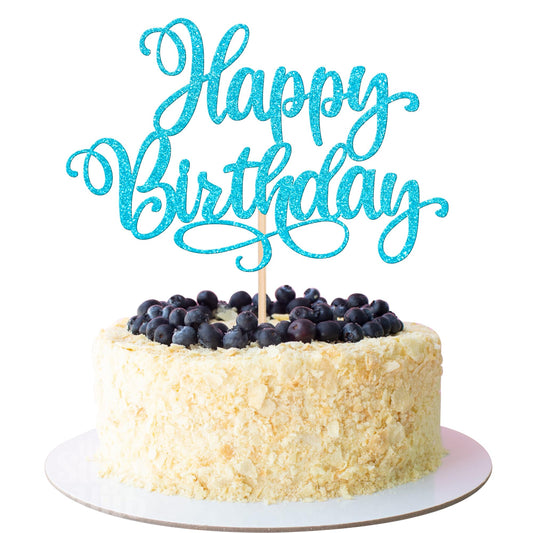 1 PCS Happy Birthday Cake Topper Glitter Cake Pick for Celebrating Anniversary Party Cake Decorations Supplies Lake Blue