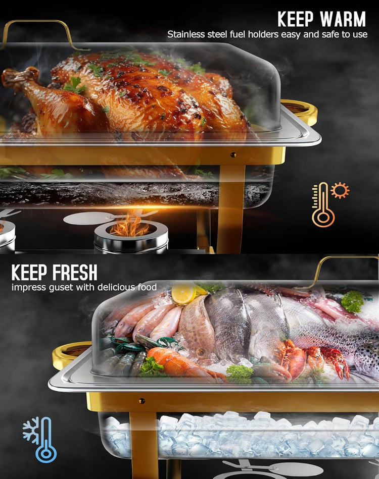 Chafing Dishes for Buffet 4 Pack, [Elegant Gold and Silver] Stainless Steel Chafing Dish Buffet Set, 9QT No-Finger Cut Roll Edge Chafers and Buffet Warmers Sets for Party (Gold 1/2 Panx2+Full Panx2)