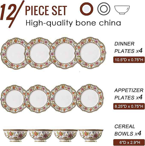 ACMLIFE Bone China Dinnerware Set for 4, 12-Piece Vintage Floral Dinnerware Set, Kitchen Plates and Bowls Set, China Plates Set, Mother's Day, Gifts for Women, Thanksgiving Dinnerware Sets(Pink)