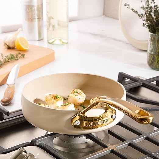 Bloomhouse - Two Time Oprah's Favorite Things Winner - 8 Inch Heavy Duty Aluminum Premium PFA Free Ceramic Nonstick Saute/Deep Frying Pan Skillet - Almond Cream w/Gold Handle