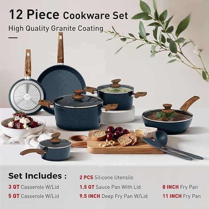 DisDelight Induction Pots and Pans Set Non Stick, Nonstick Granite Kitchen Cookware Sets, Blue Cooking Pans, PFOA & PFOS Free