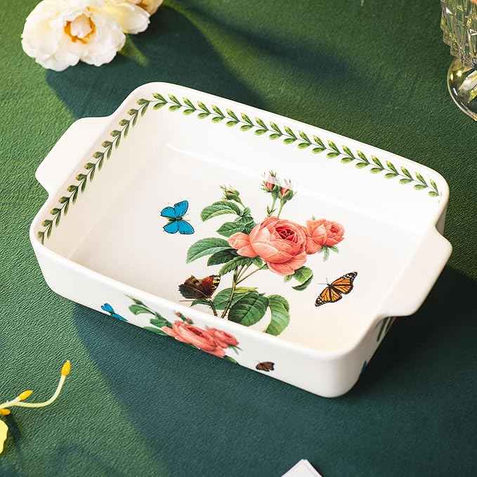 ONCCI In-Glaze Ceramic Baking Dish Set of 2 - Rectangular with Handles,Casserole dishes 10.8 * 7.99in & 8.58 * 6.54inch Sizes - Oven Safe for Cooking, Baking, Casseroles - Dishwasher Safe(Pink Rose)