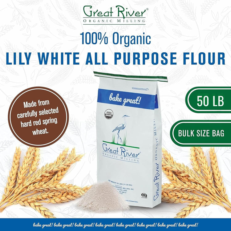 Great River Organic Milling Lily White Organic All-Purpose Flour | Unbleached & Unbromated | Non-GMO, Kosher | Ideal for Bread, Cookies, Cakes, Pizza Dough & Everyday Baking | 50 Lb - Nestoria