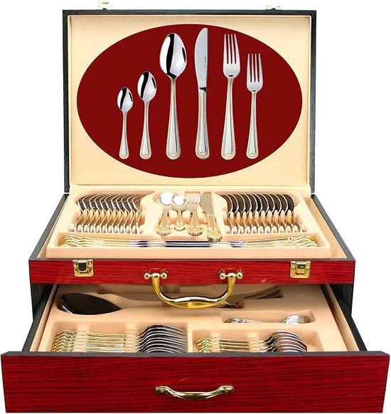 75-Pc Luxury Flatware Set for 12 w/Storage Case 24K Gold Premium Dining Cutlery Service - 18/10 Surgical Stainless Steel Silverware Hostess Serving Set in a Chest (Madison II)