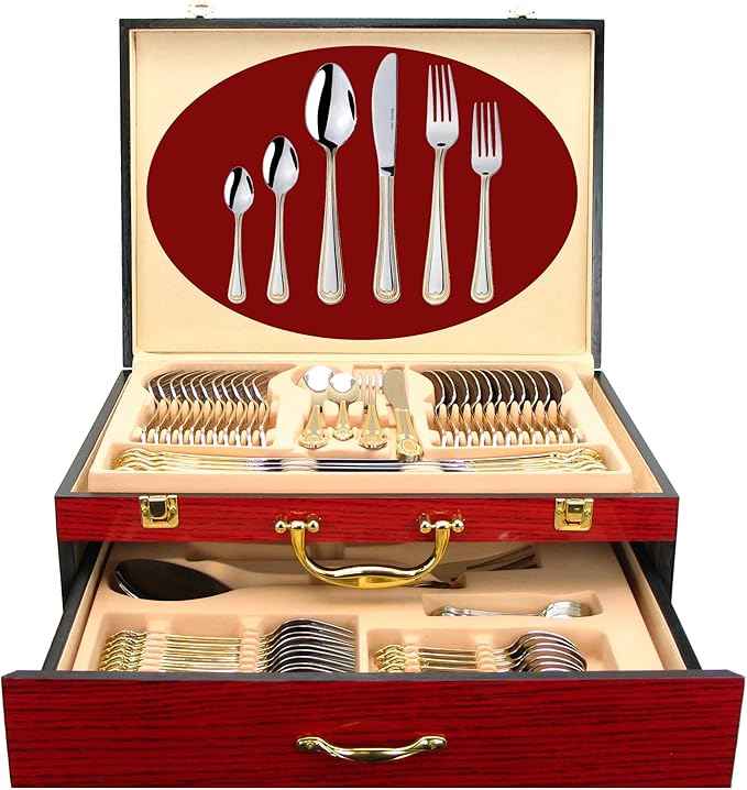 75-Pc Luxury Flatware Set for 12 w/Storage Case 24K Gold Premium Dining Cutlery Service - 18/10 Surgical Stainless Steel Silverware Hostess Serving Set in a Chest (Madison II)