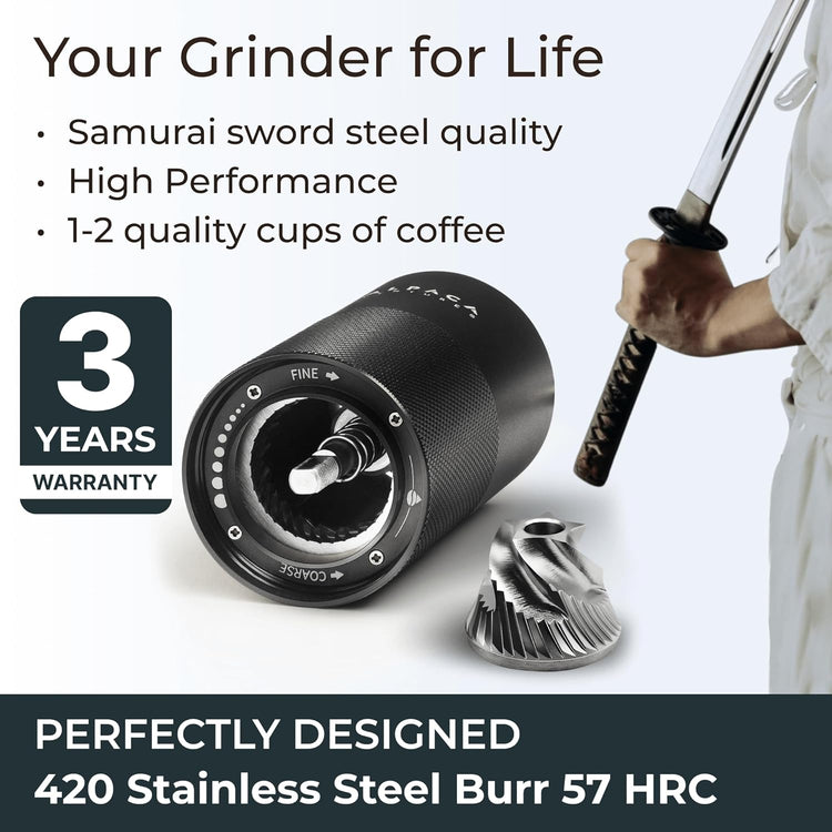 Manual Coffee Grinder by Alpaca Ventures - Stainless Steel Conical Burr Coffee Grinder Manual with Adjustable Setting Double Bearing Hand Espresso Grinder Perfect for Home, Office and Camping